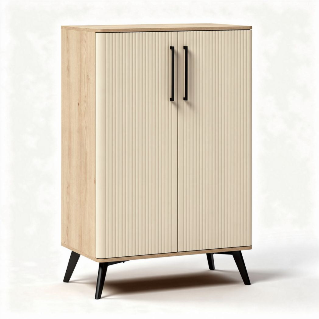 Szafka z drewna w kolorze naturalnym z frontem w odcieniu beżu 80 x 40 x 120cm