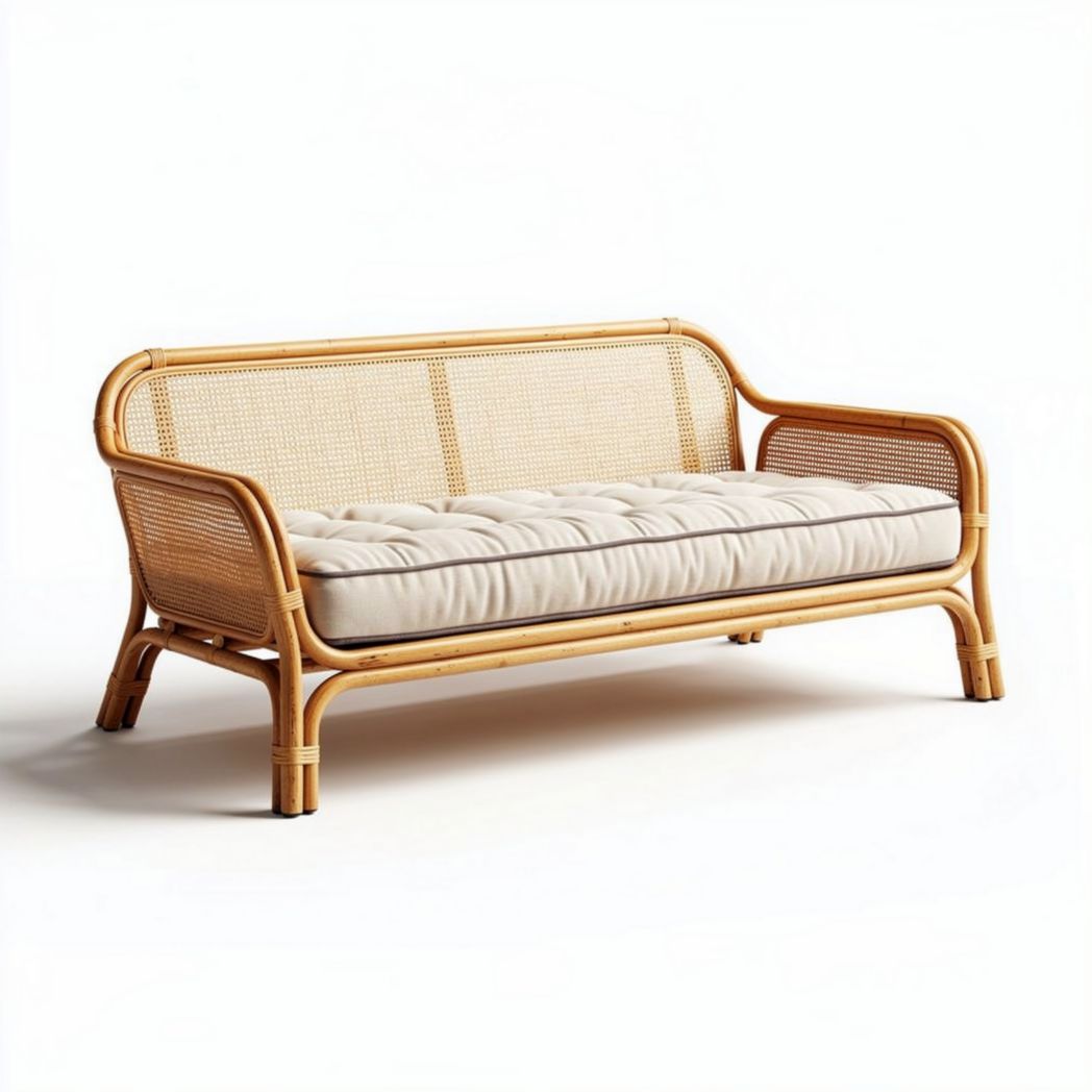 Sofa rattanowa z poduszkami o wymiarach 190 x 80 x 80cm beżowa